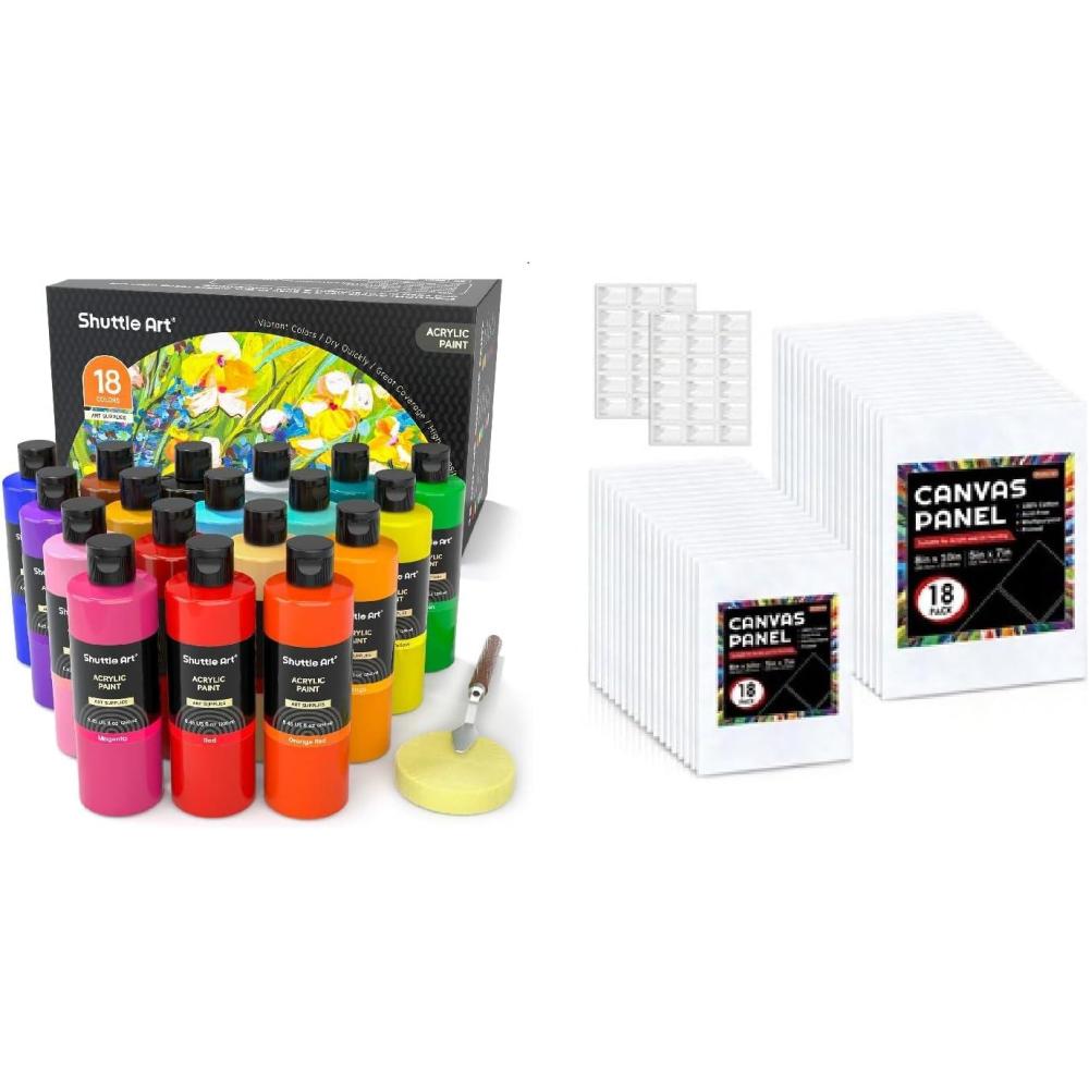 imageShuttle Art Canvas Panels and Acrylic Paint Bundle Art Painting Supplies Set for 18 Colors Acrylic Paint Bottles 240ml812oz amp 36 Pack Painting Canvas 5x7 8x10in