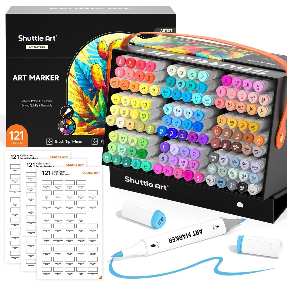 image:imageShuttle Art Brush Tip Alcohol Markers Dual Tip Brush amp Fine Tip Art Marker Set 24 Colors Marker Pens with Case Perfect for Illustration Kids Students Adults Coloring Sketching121 Colors