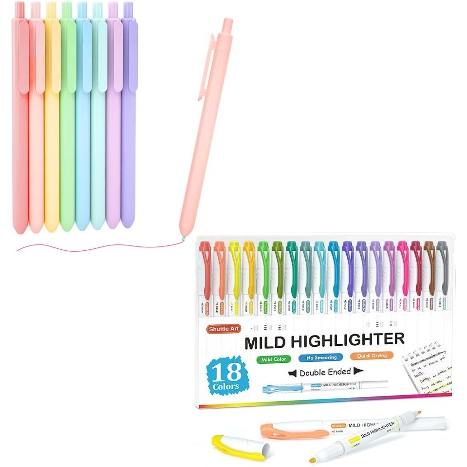 image:imageShuttle Art Retractable Pastel Gel Ink Pens Bundle 8 Pastel Ink Cute Pens 07mm  18 Dual Tip Pastel Highlighters for Writing Drawing Journaling Note Taking School Office Home