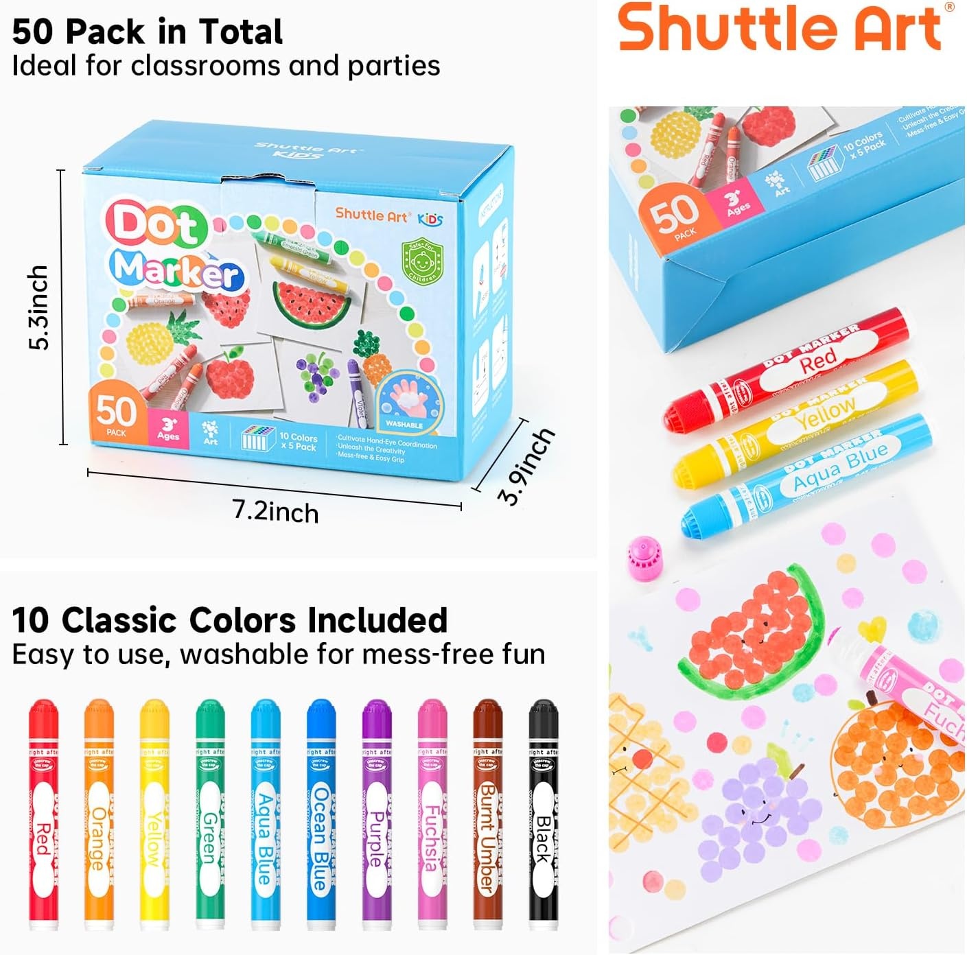 image:imageShuttle Art 50 Pack Dot Markers 10 Colors x 5 Sets Washable Bingo Daubers for Kids amp Toddlers NonToxic WaterBased Art Supplies for Preschoolers and Classroom10 Colors