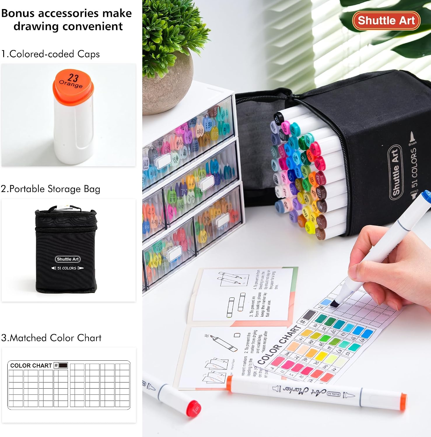 image:imageShuttle Art Alcohol Marker Bundle Set of 51 Colors Brush Tip Alcohol Markers  30 Colors Journal Pens