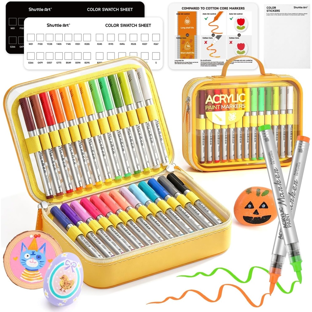 image:imageShuttle Art 72 Colors Acrylic Paint Markers Automatic Ink Control Brush Tip Pens for Rock Painting Ceramic Wood Canvas Glass Stone Fabric Card Making DIY Crafts26 Colors