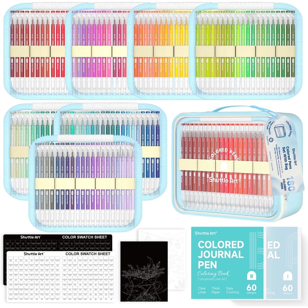 image:imageShuttle Art Colored Pens 180 Vibrant Colors Cute Journal Pens 06mm Fine Point Colored Gel Pens for Black Paper in Portable Bag for Coloring Writing Drawing Journaling Note Taking School Office Home180 Colors