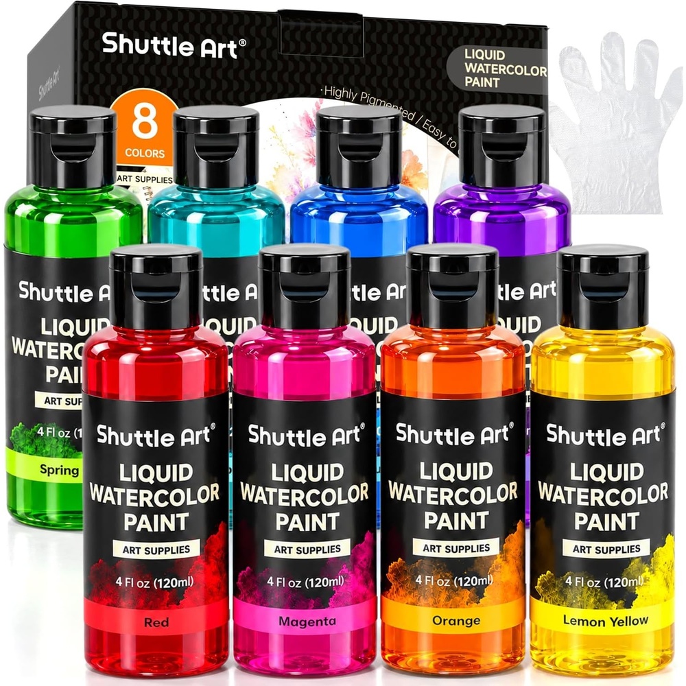 image:imageShuttle Art 8 Colors Liquid Watercolor Paint 4oz NonToxic Watercolors8 Colors