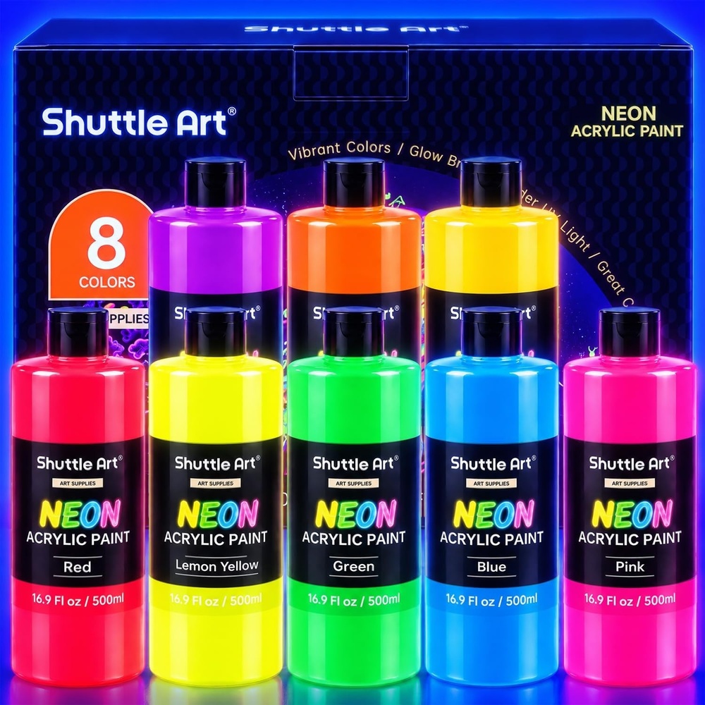 image:imageShuttle Art 8 Colors Neon Paint 4oz120ml Fluorescent Acrylic Paint Set169 Fl Oz Pack of 8